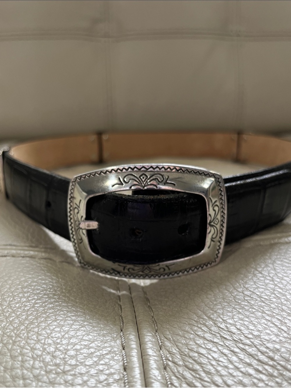 Vintage Brighton Black and Brown Leather Belt with Ornate Silver Buckle